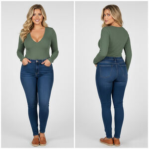 Klassy Network Green Ribbed Long Sleeve V-Neck Brami Bodysuit Size XL